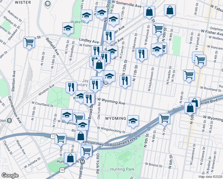 map of restaurants, bars, coffee shops, grocery stores, and more near 4800 North 13th Street in Philadelphia