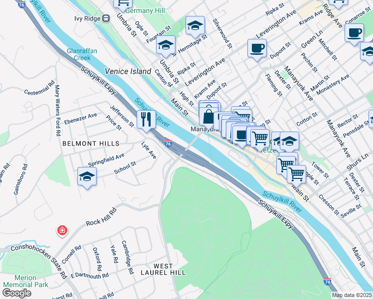 map of restaurants, bars, coffee shops, grocery stores, and more near 4 Green Lane in Philadelphia