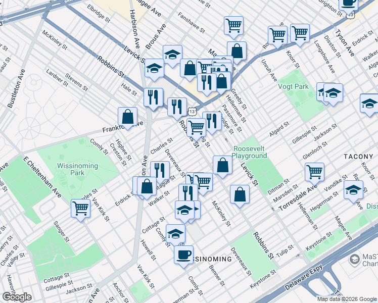 map of restaurants, bars, coffee shops, grocery stores, and more near 4143 Robbins Street in Philadelphia