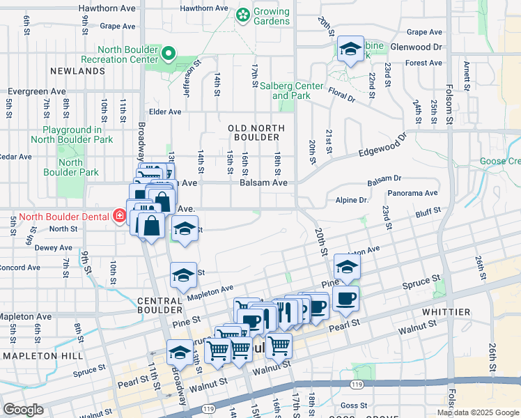 map of restaurants, bars, coffee shops, grocery stores, and more near 1661 Alpine Avenue in Boulder