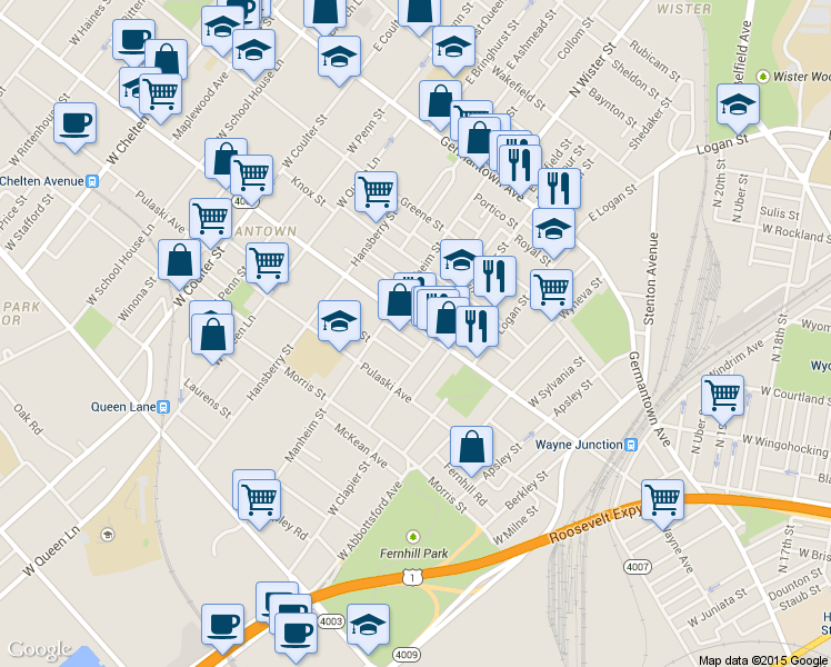 map of restaurants, bars, coffee shops, grocery stores, and more near 5020 Wayne Avenue in Philadelphia