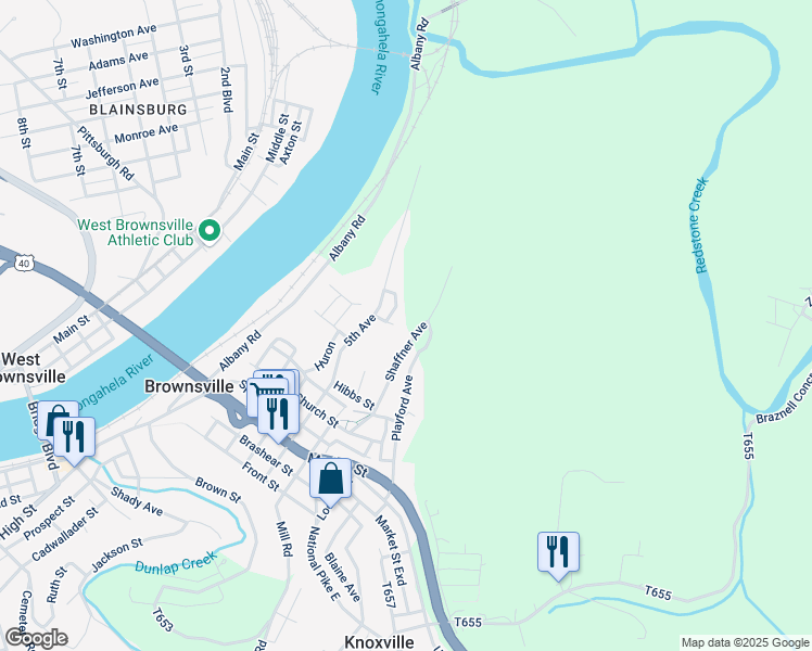 map of restaurants, bars, coffee shops, grocery stores, and more near 24 Peach St in Brownsville