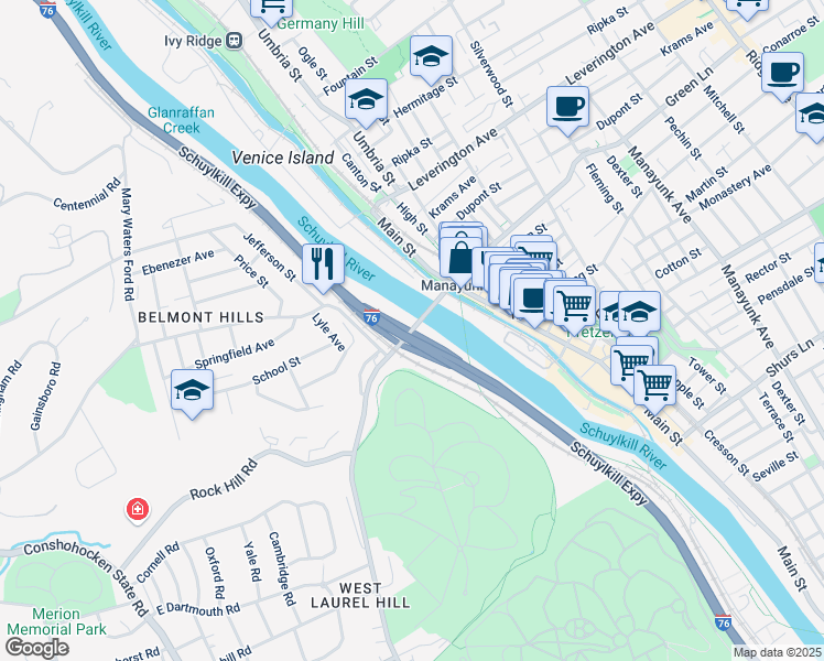 map of restaurants, bars, coffee shops, grocery stores, and more near 4 Green Lane in Philadelphia