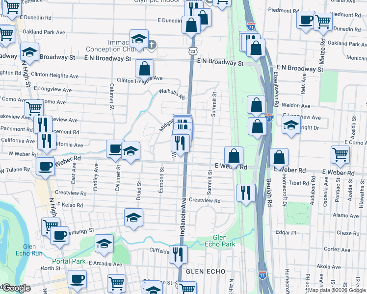map of restaurants, bars, coffee shops, grocery stores, and more near 3031 Indianola Avenue in Columbus