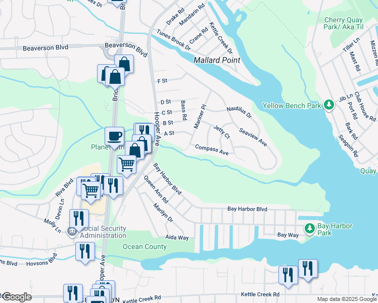 map of restaurants, bars, coffee shops, grocery stores, and more near 63 Mariner Place in Brick Township
