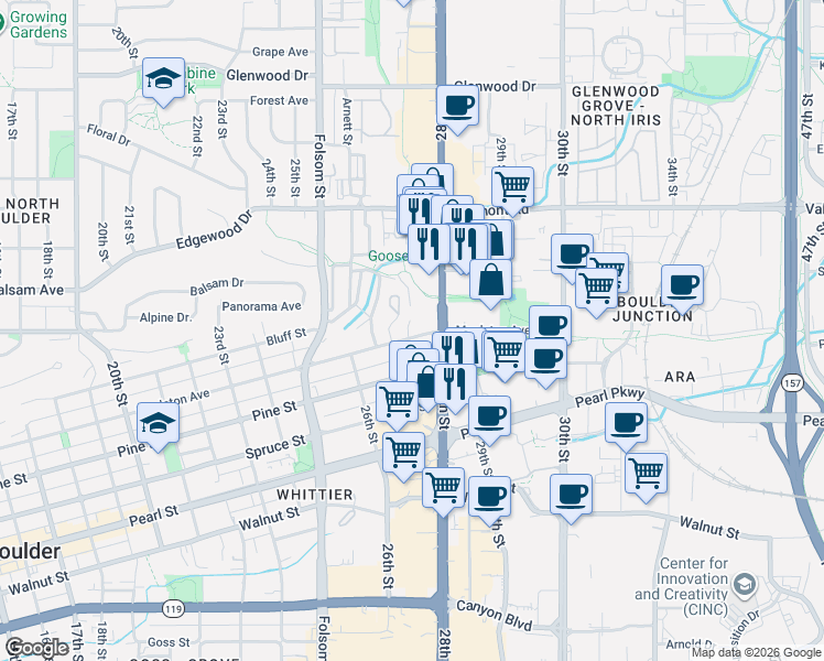 map of restaurants, bars, coffee shops, grocery stores, and more near 2737 Mapleton Avenue in Boulder