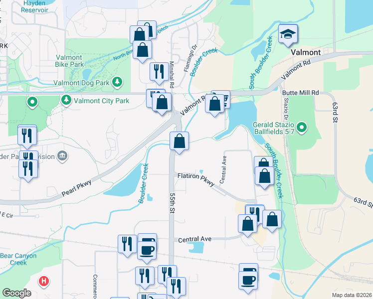 map of restaurants, bars, coffee shops, grocery stores, and more near 2560 55th Street in Boulder