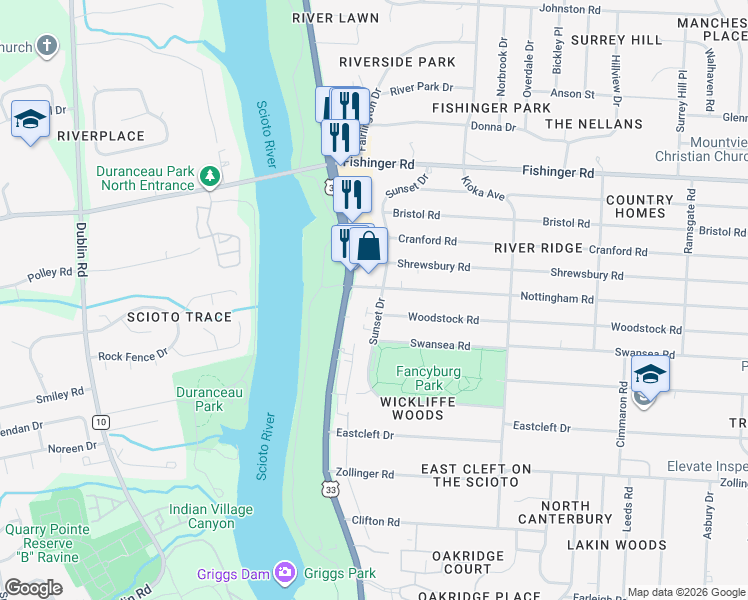 map of restaurants, bars, coffee shops, grocery stores, and more near 2800 Nottingham Road in Upper Arlington