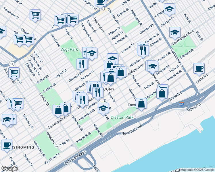 map of restaurants, bars, coffee shops, grocery stores, and more near 6806 Marsden Street in Philadelphia