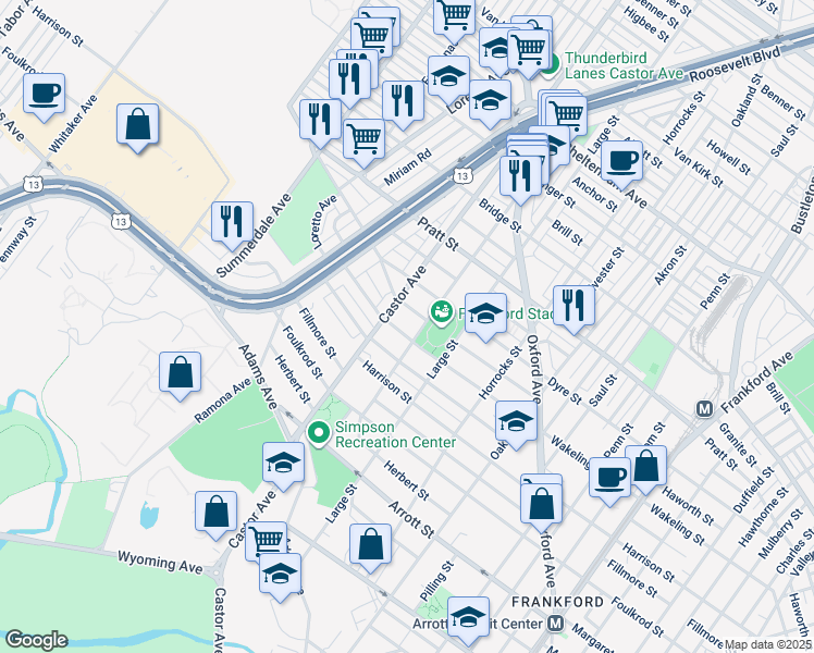 map of restaurants, bars, coffee shops, grocery stores, and more near 1027 Wakeling Street in Philadelphia