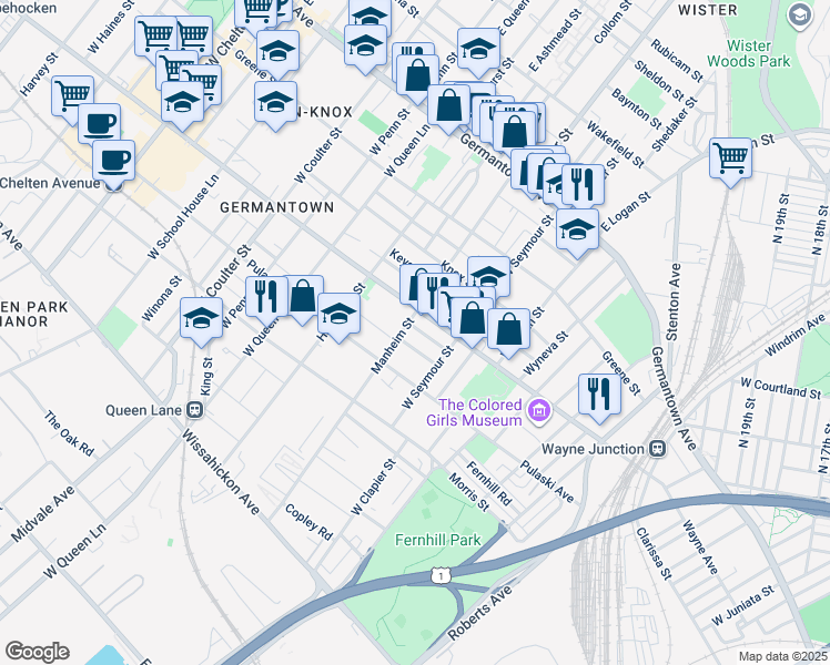 map of restaurants, bars, coffee shops, grocery stores, and more near 5052 Tacoma Street in Philadelphia