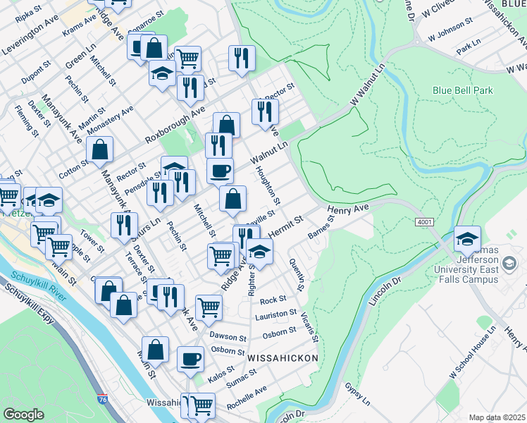 map of restaurants, bars, coffee shops, grocery stores, and more near 538 Seville Street in Philadelphia
