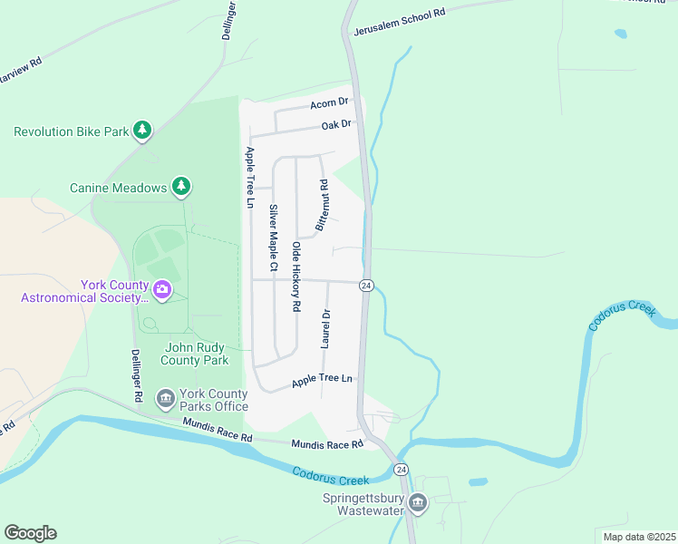 map of restaurants, bars, coffee shops, grocery stores, and more near 45 Hackberry Drive in Mount Wolf