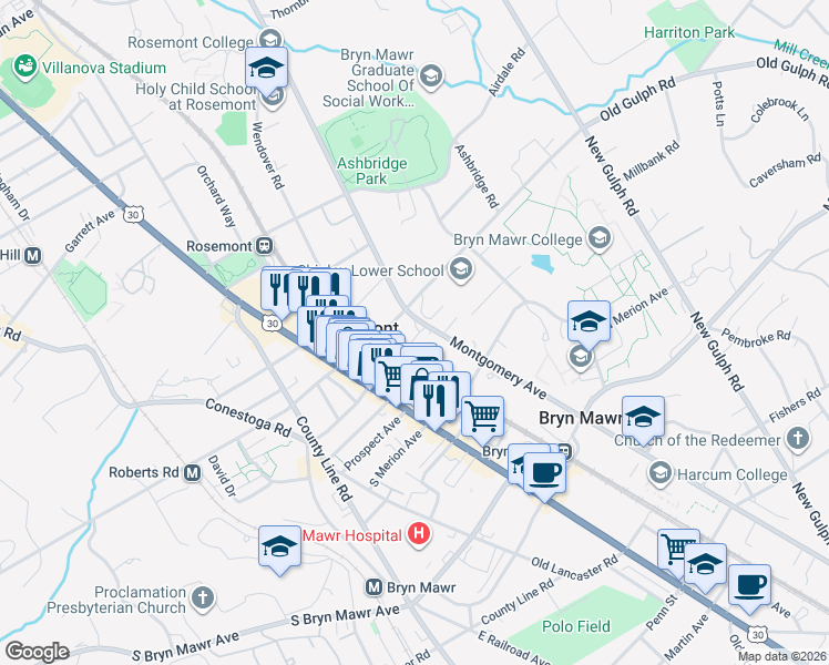 map of restaurants, bars, coffee shops, grocery stores, and more near 931 Montgomery Avenue in Bryn Mawr