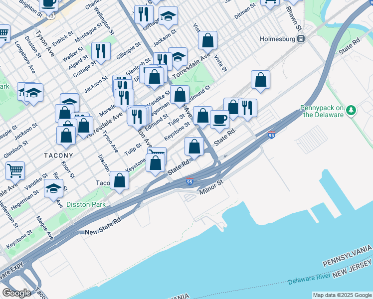 map of restaurants, bars, coffee shops, grocery stores, and more near 4945 Wellington Street in Philadelphia