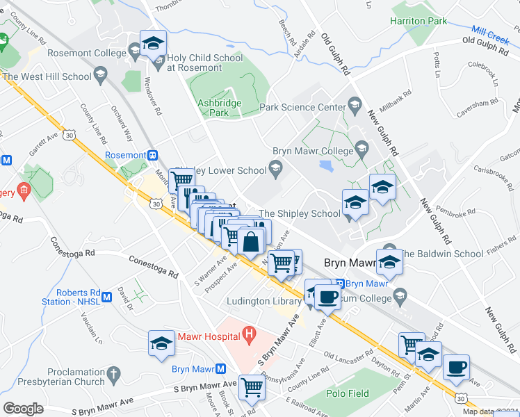 map of restaurants, bars, coffee shops, grocery stores, and more near 925 Montgomery Avenue in Bryn Mawr