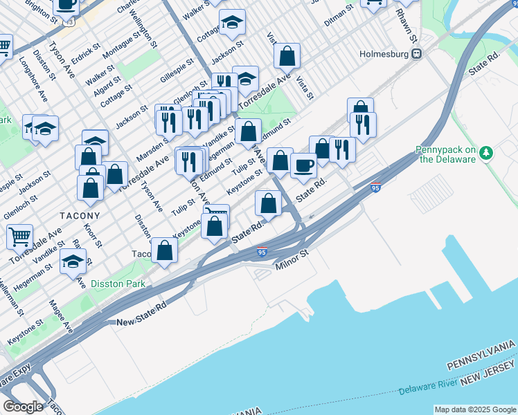 map of restaurants, bars, coffee shops, grocery stores, and more near 4945 Wellington Street in Philadelphia