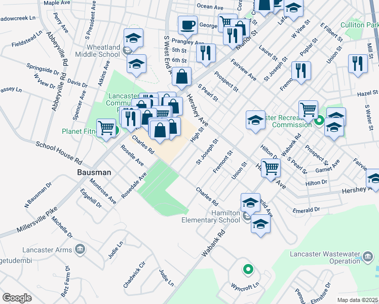 map of restaurants, bars, coffee shops, grocery stores, and more near 1222 High Street in Lancaster