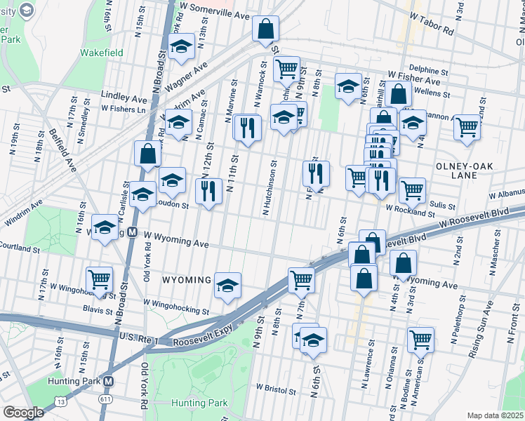 map of restaurants, bars, coffee shops, grocery stores, and more near 4814 North Hutchinson Street in Philadelphia