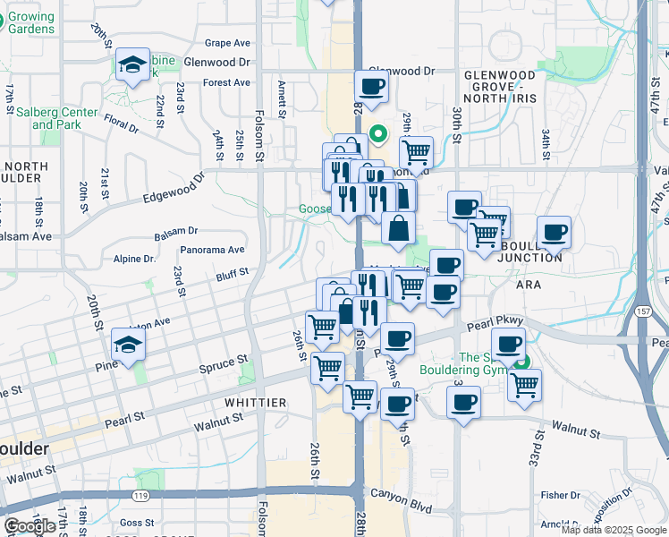 map of restaurants, bars, coffee shops, grocery stores, and more near 2525 28th Street in Boulder