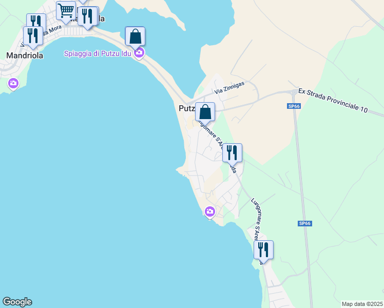map of restaurants, bars, coffee shops, grocery stores, and more near 27 Via Evaristo Madeddu in Putzu Idu