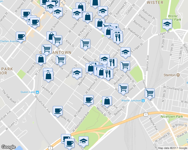 map of restaurants, bars, coffee shops, grocery stores, and more near 5022 Wayne Avenue in Philadelphia