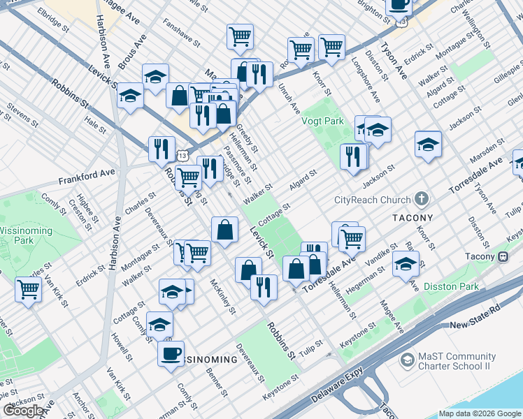 map of restaurants, bars, coffee shops, grocery stores, and more near 6455 Walker Street in Philadelphia