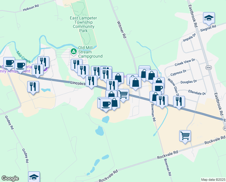 map of restaurants, bars, coffee shops, grocery stores, and more near 2350 Lincoln Highway East in Lancaster