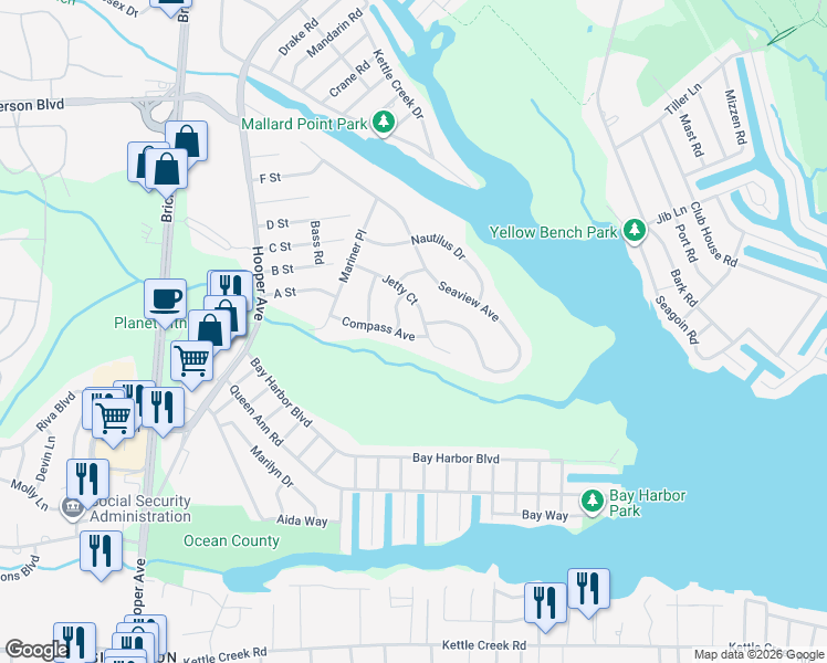 map of restaurants, bars, coffee shops, grocery stores, and more near 11 Reef Place in Brick Township