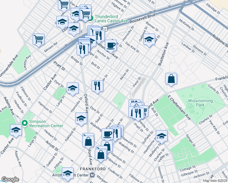 map of restaurants, bars, coffee shops, grocery stores, and more near 5260 Akron Street in Philadelphia