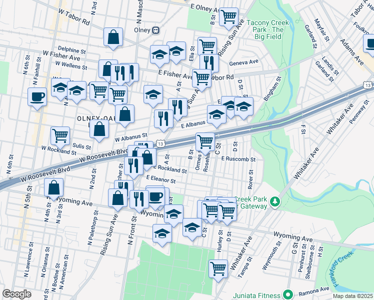 map of restaurants, bars, coffee shops, grocery stores, and more near 252 East Roosevelt Boulevard in Philadelphia