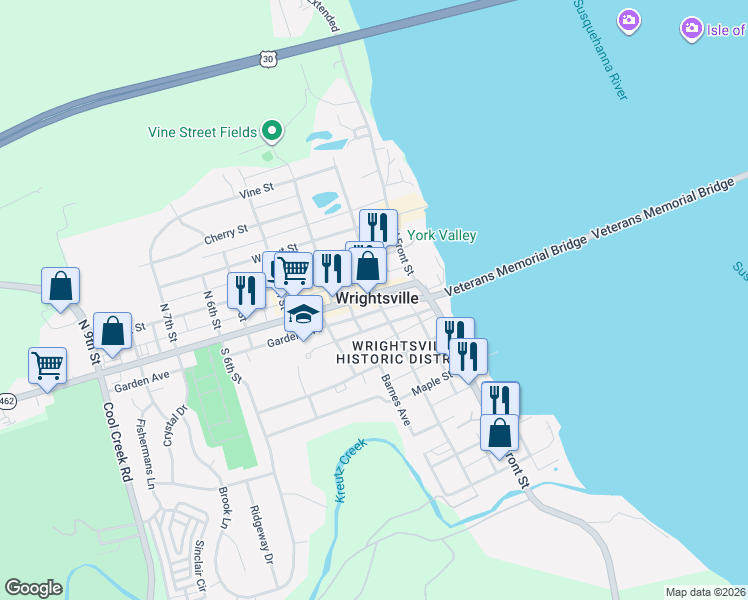 map of restaurants, bars, coffee shops, grocery stores, and more near 201 Hellam Street in Wrightsville
