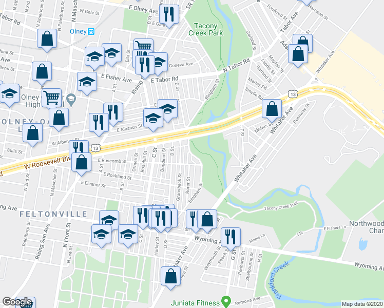 map of restaurants, bars, coffee shops, grocery stores, and more near Bingham Street in Philadelphia