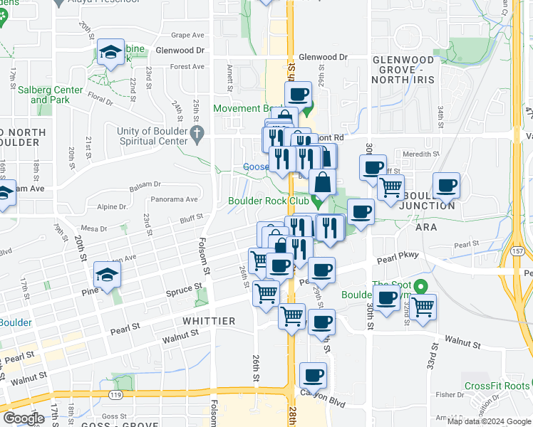 map of restaurants, bars, coffee shops, grocery stores, and more near 2525 28th Street in Boulder