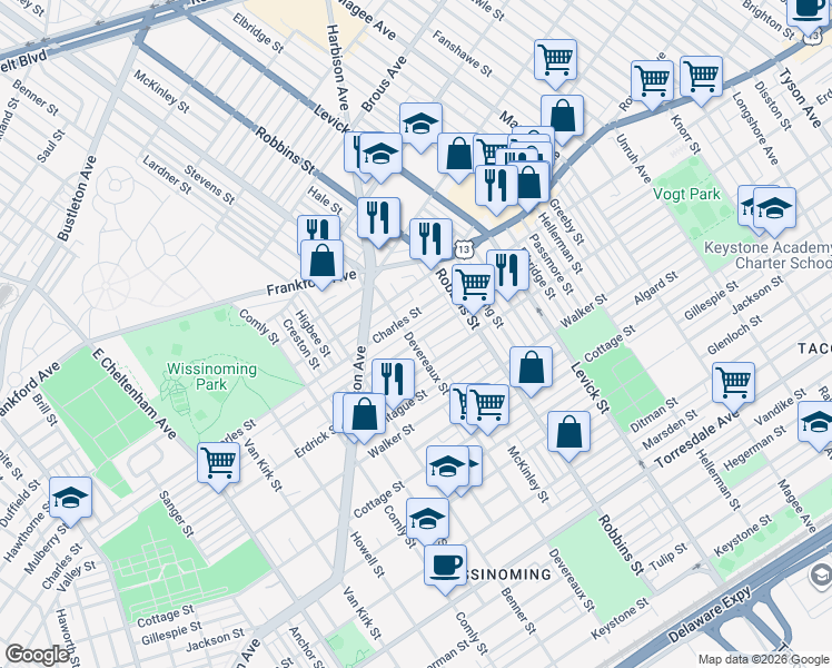 map of restaurants, bars, coffee shops, grocery stores, and more near 6230 Tackawanna Street in Philadelphia