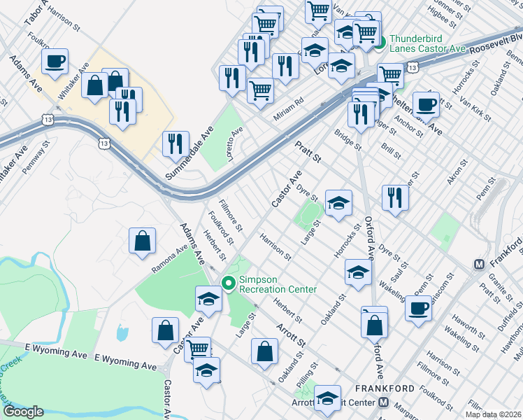 map of restaurants, bars, coffee shops, grocery stores, and more near 977 Allengrove Street in Philadelphia
