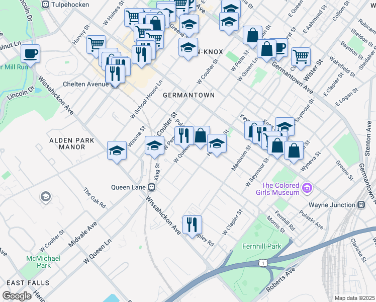 map of restaurants, bars, coffee shops, grocery stores, and more near 314 West Queen Lane in Philadelphia