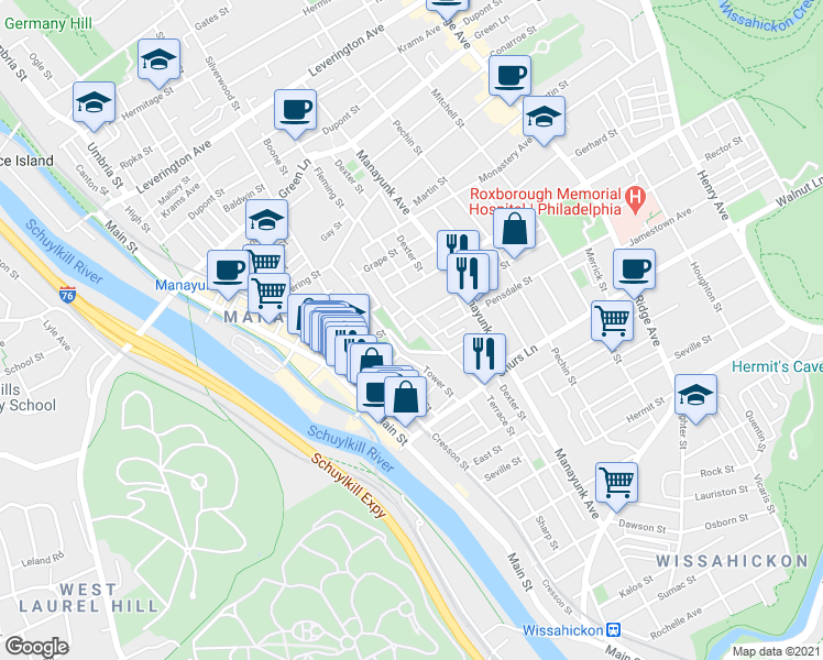 map of restaurants, bars, coffee shops, grocery stores, and more near 217 Rector Street in Philadelphia