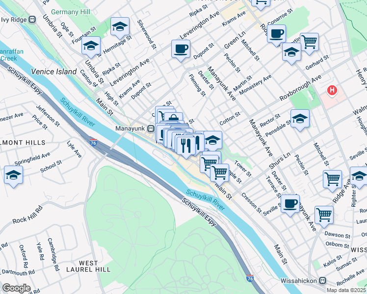 map of restaurants, bars, coffee shops, grocery stores, and more near 120 Cotton Street in Philadelphia