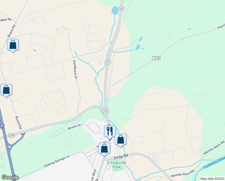 map of restaurants, bars, coffee shops, grocery stores, and more near 3543 Starview Road in Emigsville