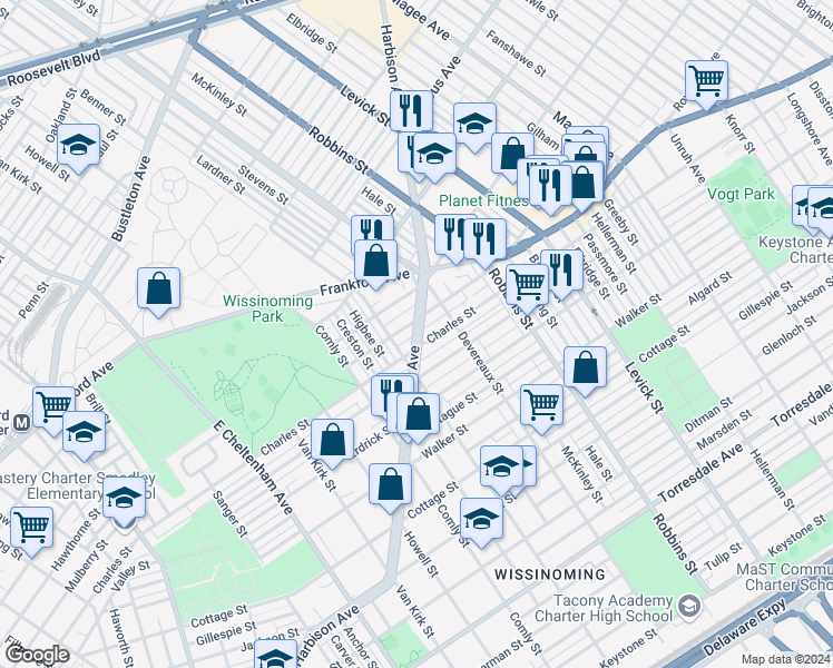 map of restaurants, bars, coffee shops, grocery stores, and more near Harbison Avenue in Philadelphia