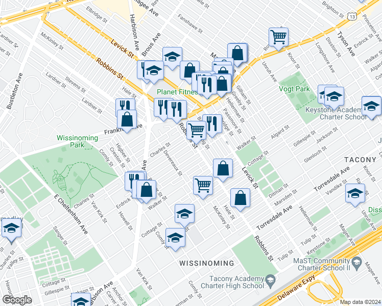 map of restaurants, bars, coffee shops, grocery stores, and more near 6258 Erdrick Street in Philadelphia