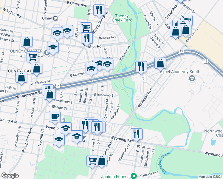 map of restaurants, bars, coffee shops, grocery stores, and more near 5023 Rorer Street in Philadelphia