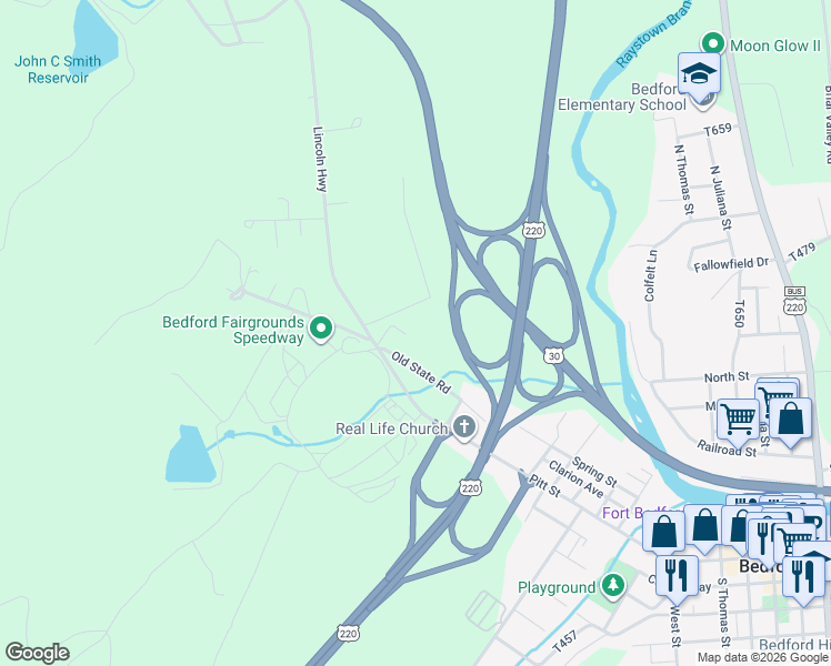map of restaurants, bars, coffee shops, grocery stores, and more near 100-174 Ore St in Bedford