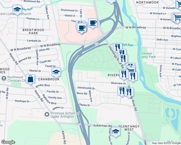 map of restaurants, bars, coffee shops, grocery stores, and more near 692 Riverview Drive in Columbus