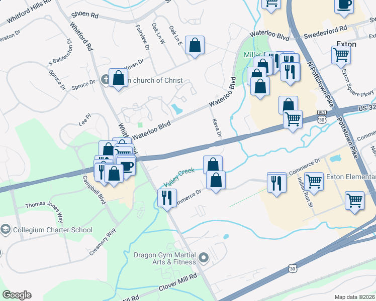 map of restaurants, bars, coffee shops, grocery stores, and more near 199 John Robert Thomas Drive in Exton