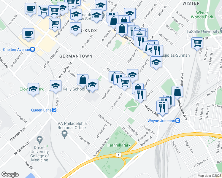 map of restaurants, bars, coffee shops, grocery stores, and more near 218 Manheim Street in Philadelphia