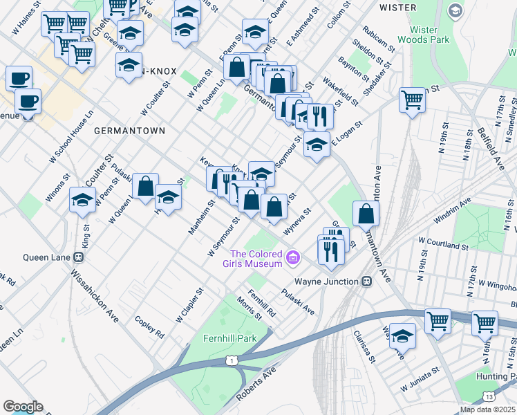 map of restaurants, bars, coffee shops, grocery stores, and more near 4940 Keyser Street in Philadelphia