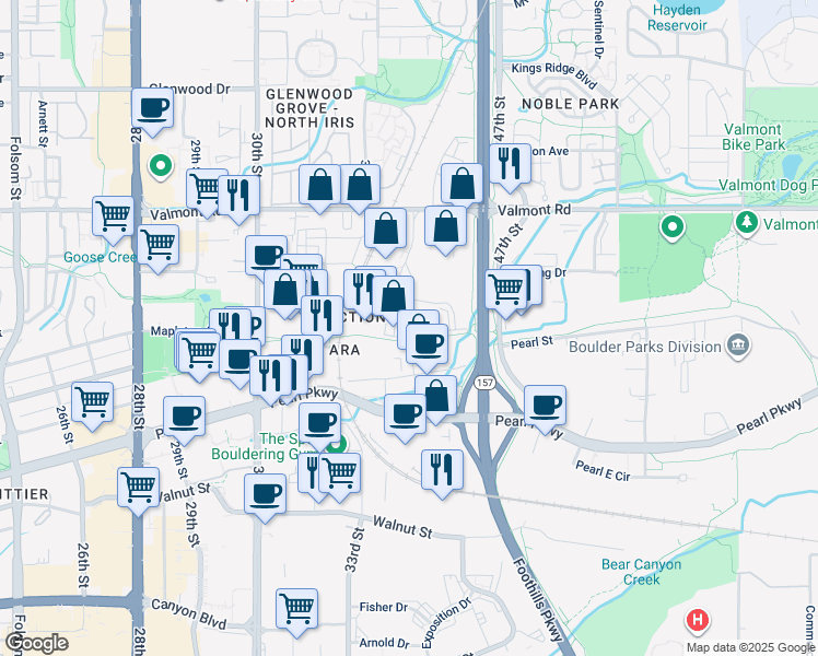 map of restaurants, bars, coffee shops, grocery stores, and more near 2820 Wilderness Place in Boulder