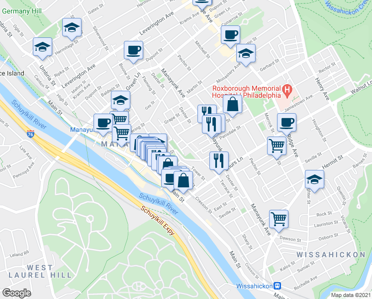 map of restaurants, bars, coffee shops, grocery stores, and more near 217 Rector Street in Philadelphia